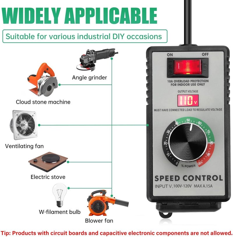 diymore AC Motor Speed Controller 120V 15A 4000W Variable Speeds Control Fan Speed Controllers for Electric Motor with Overload Protection Switch with Overloads Protection - Image 5